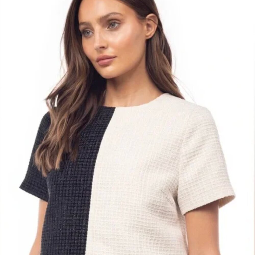 Naked Zebra | Black and Cream | Colorblock Tweed Blouse